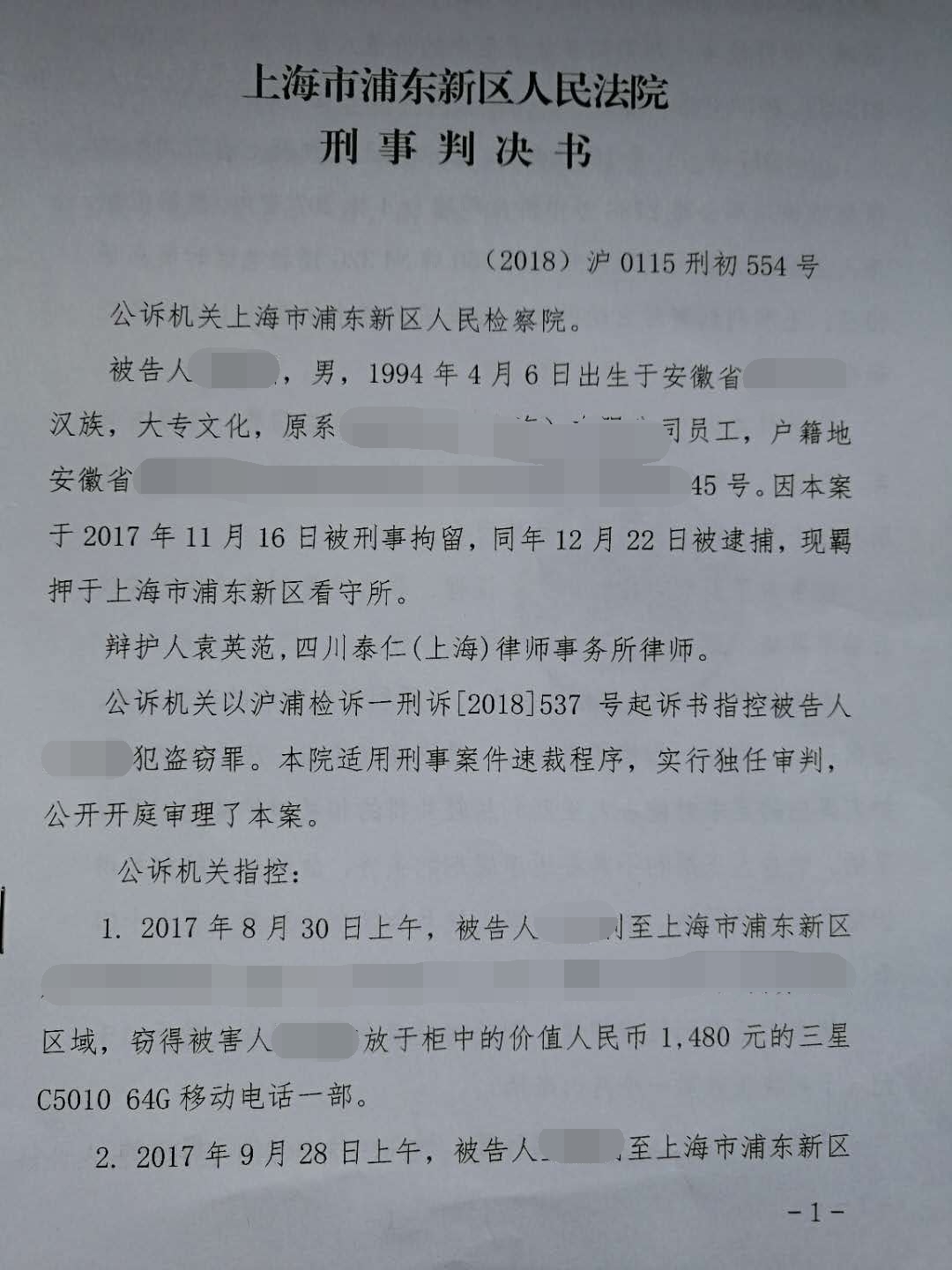 浦東新區人民法院刑事判決書